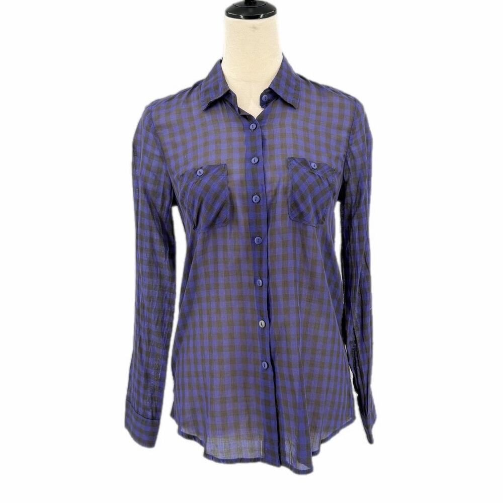 BCBGeneration NEW Blue Black Plaid Button Up 100% Cotton Work Casual Basic Top